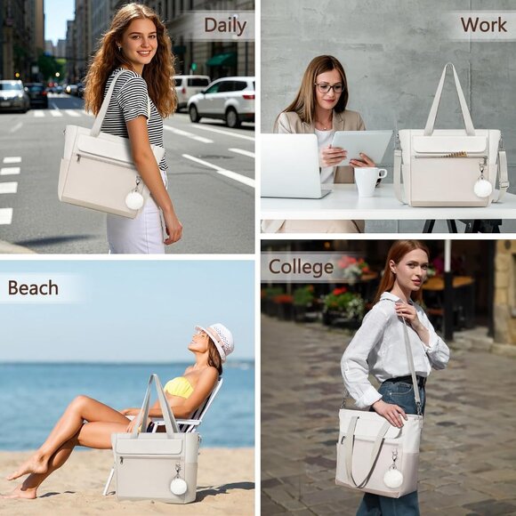 Women Gray With White Multi-Pocket Waterproof Canvas Tote Bags with Zipper - Picture 6 of 6